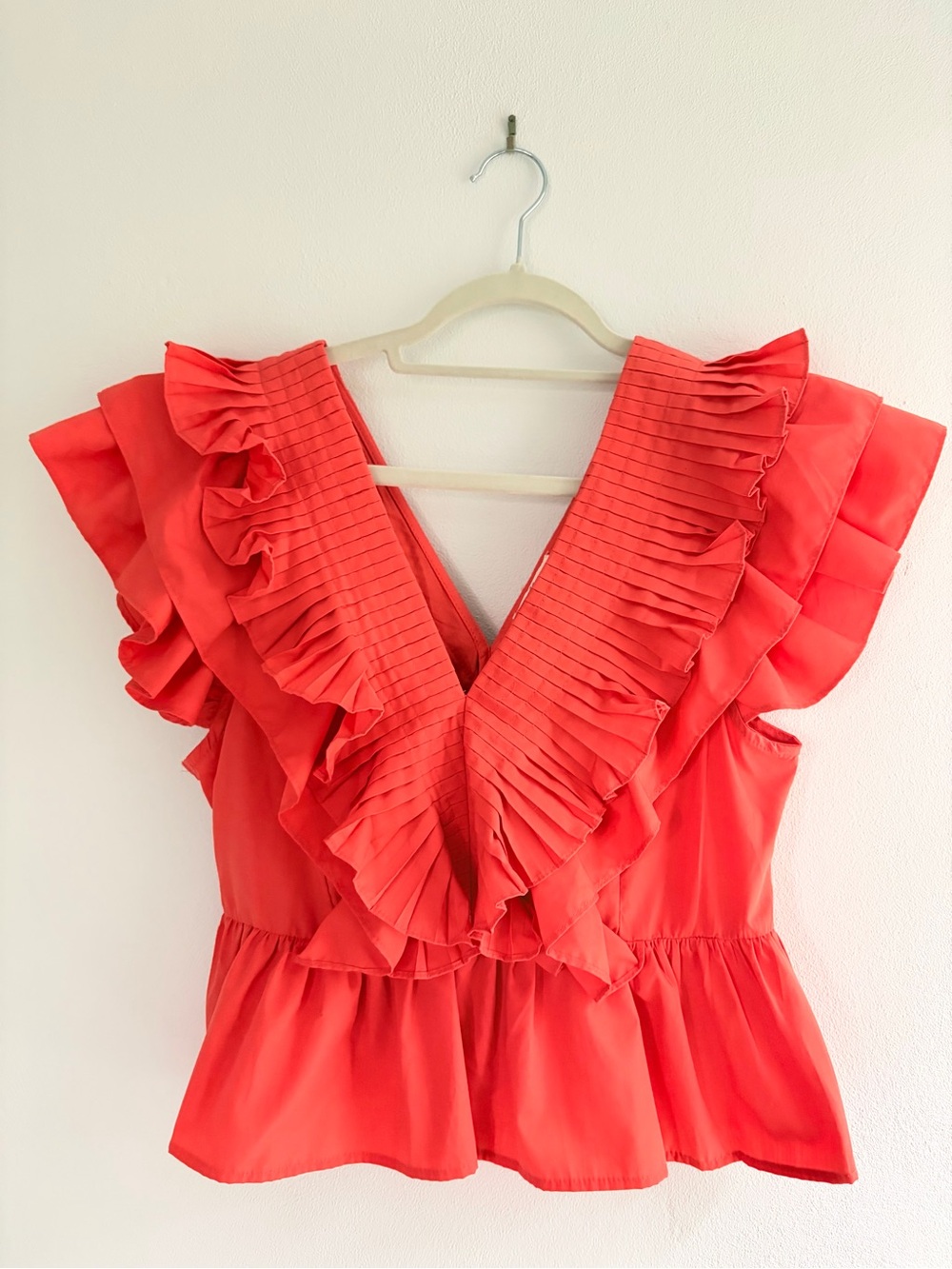 Entro Coral Ruffle Pleated V-Neck Peplum Blouse Women’s Large